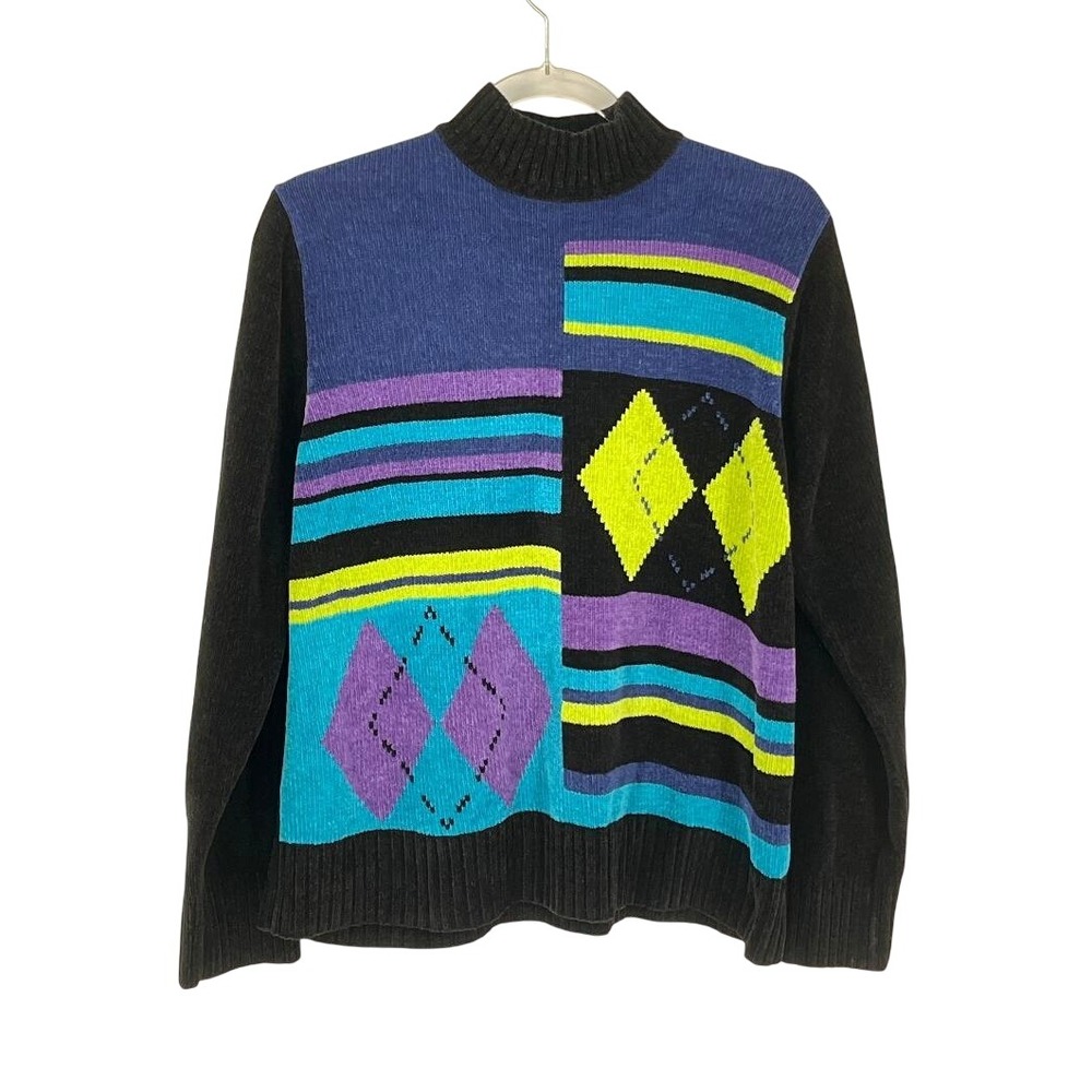 Womens Chenille Sweater L Mock Neck Geometric Colorblock Bright Dopamine Artsy